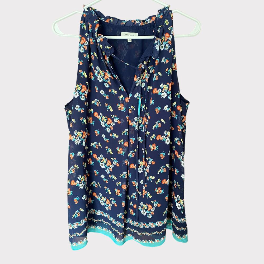 Max Studio Womens Medium Polyester Lined Blue Floral Top Tie Neck - Picture 5 of 13